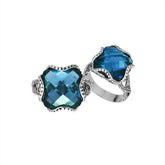 Blue Topaz Quartz Sterling Silver ring with cushion-cut stone and Balinese artisan design